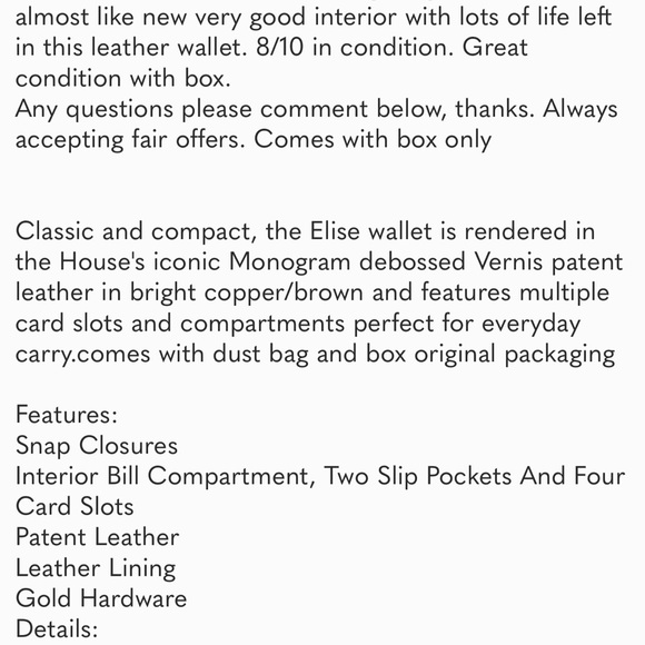LOUIS VUITTON MONOGRAM VERNIS ELISE COPPER brown leather wallet M91170 LV H6662 - Picture 8 of 8